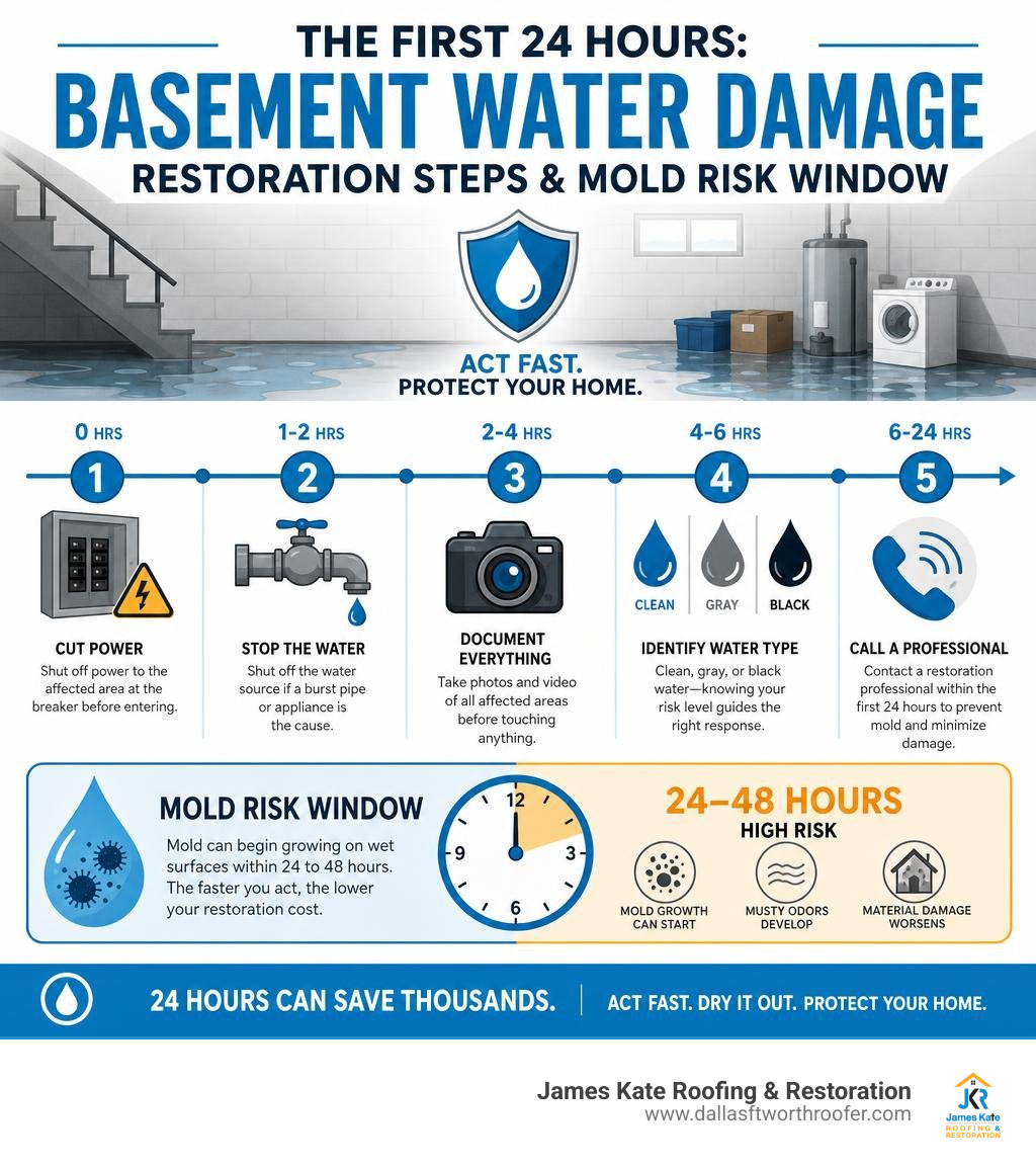 First 24-hour timeline of lower-level water damage solar steps and mold risk window infographic First 24-hour timeline of lower-level water damage solar steps and mold risk window infographic