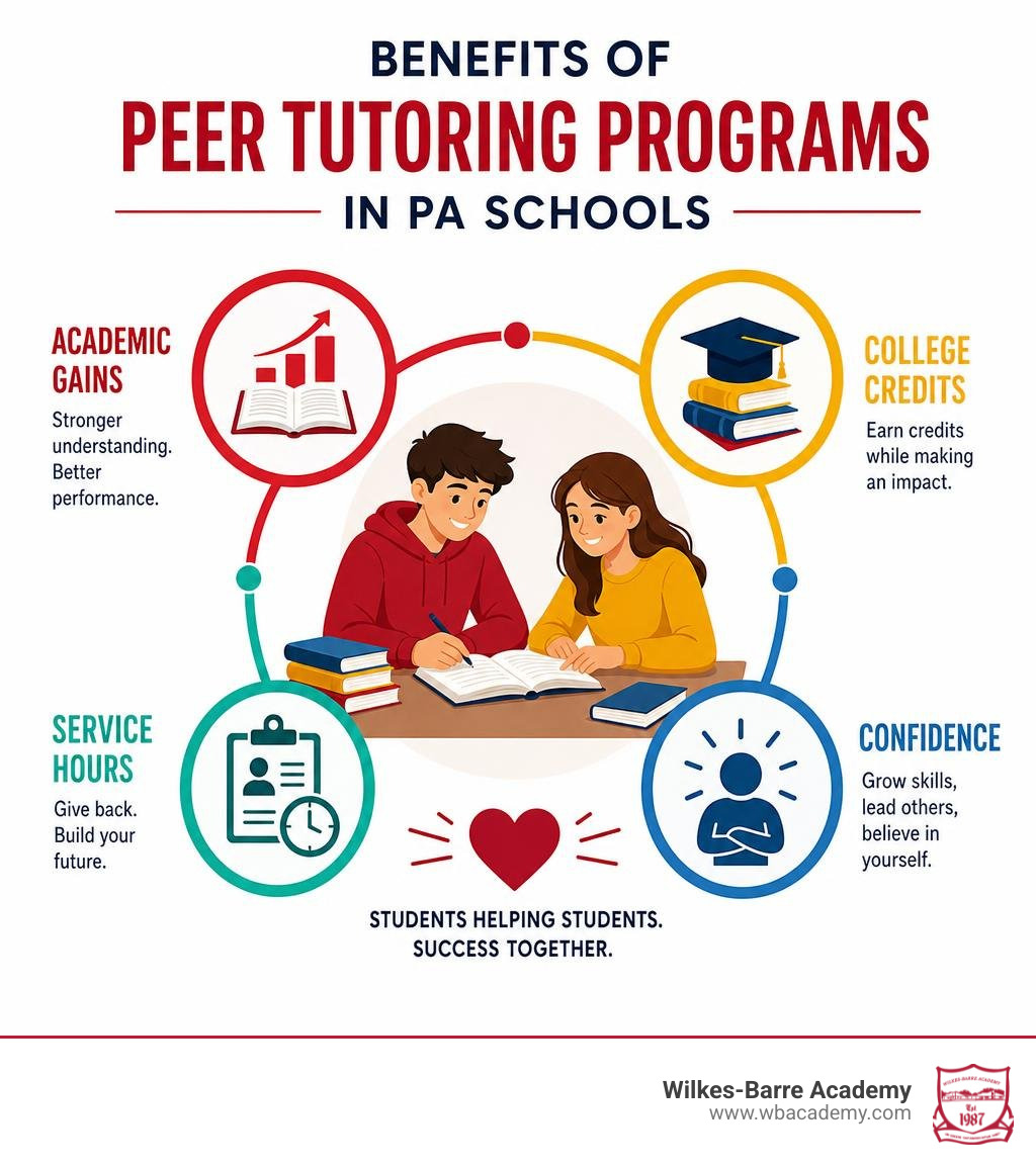 Benefits of peer tutoring programs in PA schools: academic gains, credits, service hours, confidence infographic Benefits of peer tutoring programs in PA schools: academic gains, credits, service hours, confidence infographic