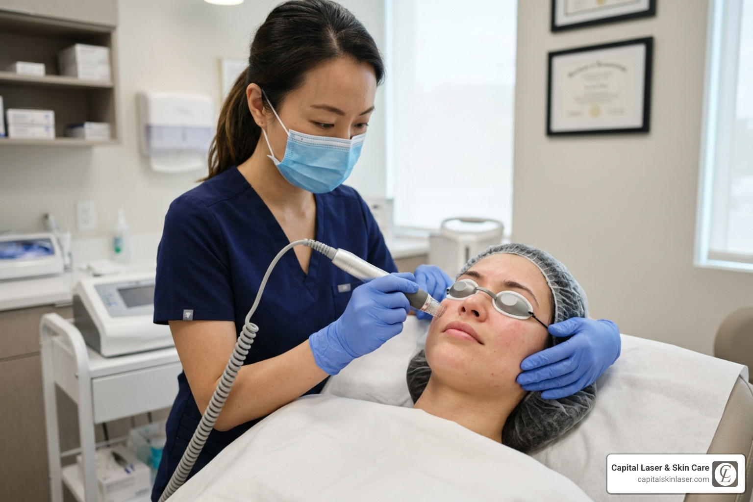Dermatologist applying the RF microneedling handpiece to a patient's cheek Dermatologist applying the RF microneedling handpiece to a patient's cheek