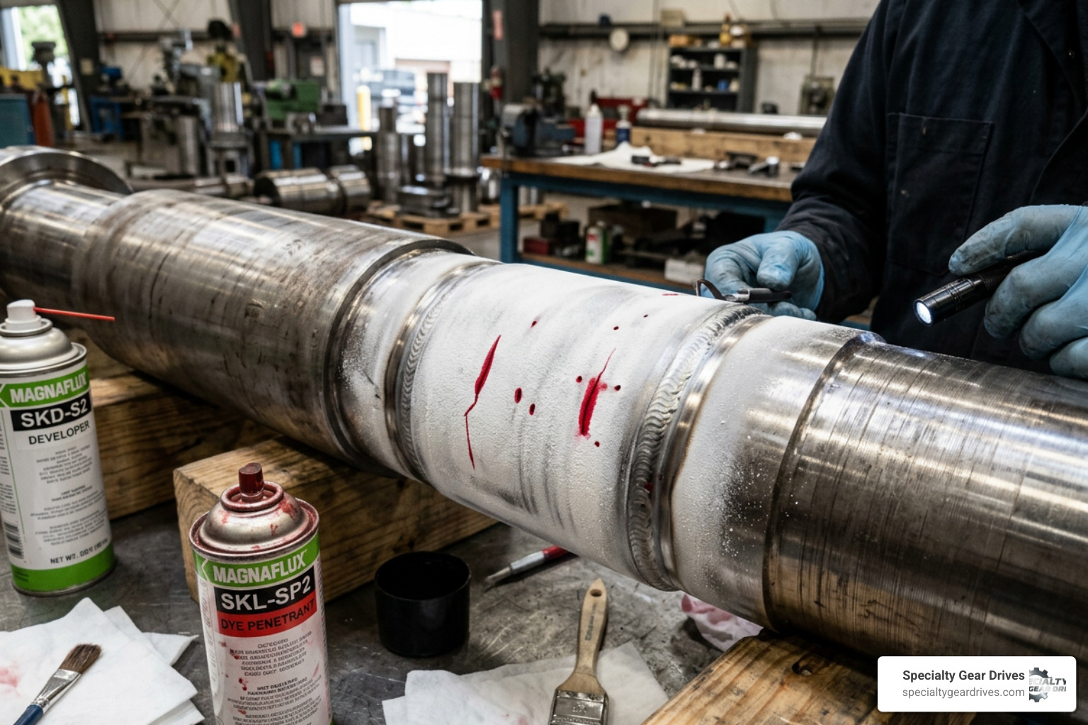 Dye penetrant inspection showing a clean, defect-free weld overlay on a machined shaft journal Dye penetrant inspection showing a clean, defect-free weld overlay on a machined shaft journal