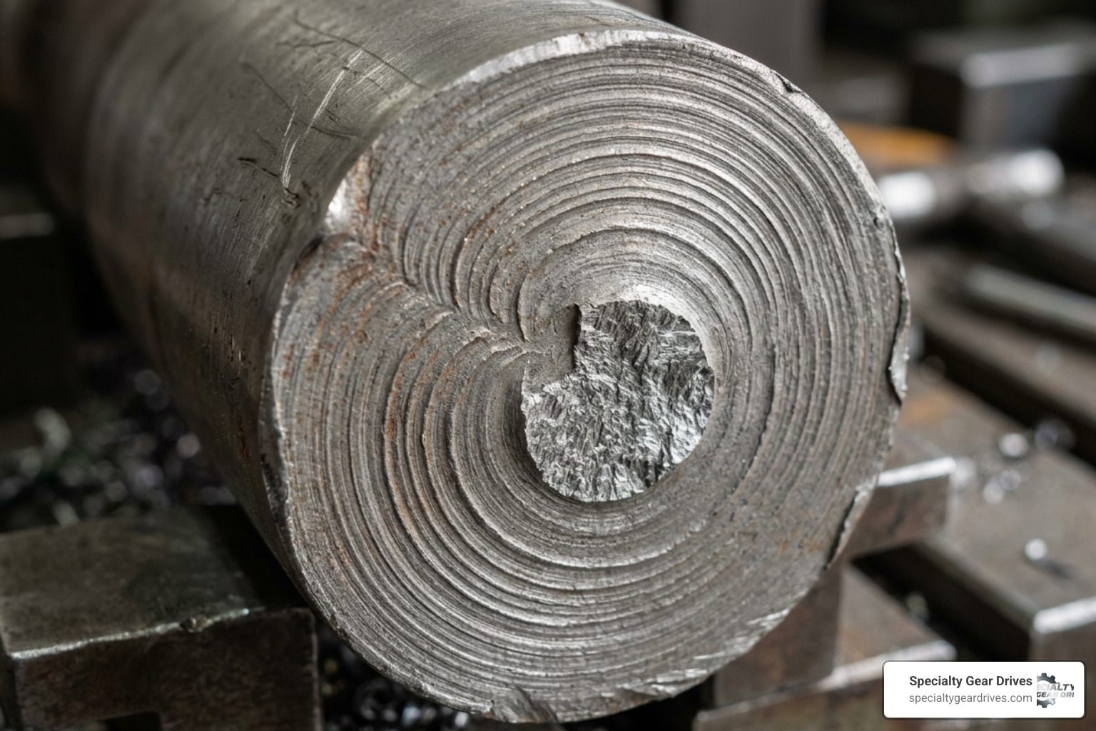 A fractured steel shaft showing classic beach marks indicative of rotating bending fatigue A fractured steel shaft showing classic beach marks indicative of rotating bending fatigue