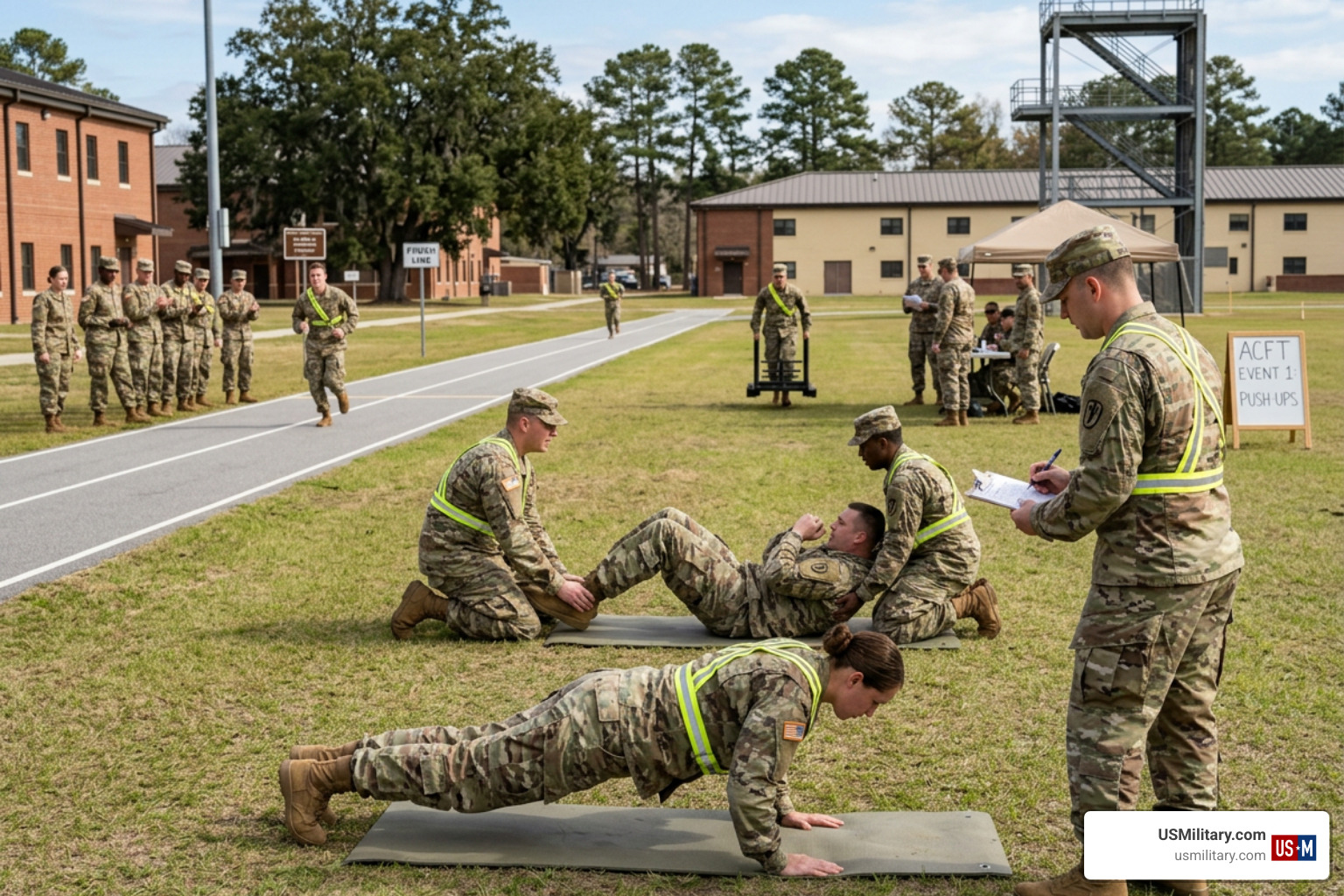 US Army soldiers performing physical fitness exercises during the Army Fitness Test