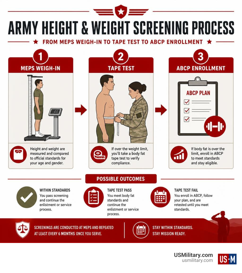 Infographic showing Army height and weight screening process from MEPS weigh-in to tape test to ABCP enrollment infographic