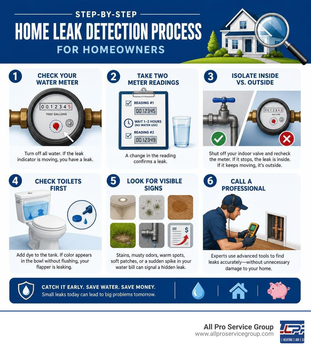Step-by-step home leak detection process infographic for homeowners infographic Step-by-step home leak detection process infographic for homeowners infographic