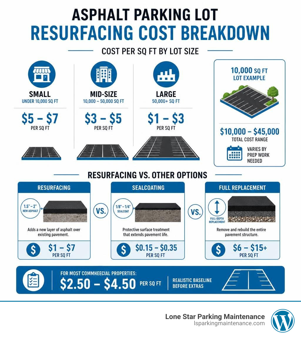 parking lot resurfacing cost breakdown infographic showing cost per sq ft by lot size and comparison to sealcoating and full