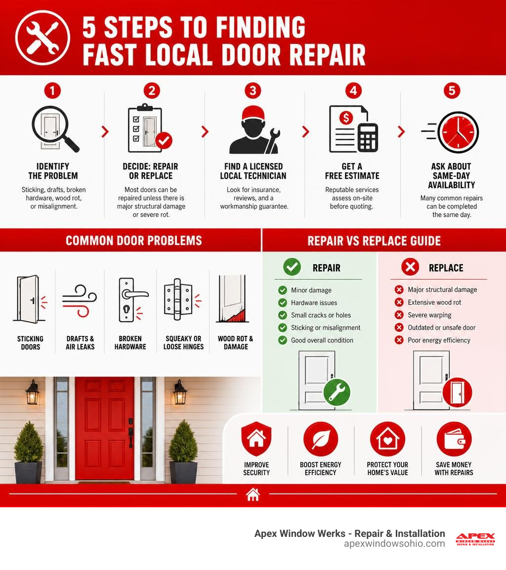 Infographic: 5 steps to finding fast local door repair, common problems, and repair vs replace guide infographic Infographic: 5 steps to finding fast local door repair, common problems, and repair vs replace guide infographic