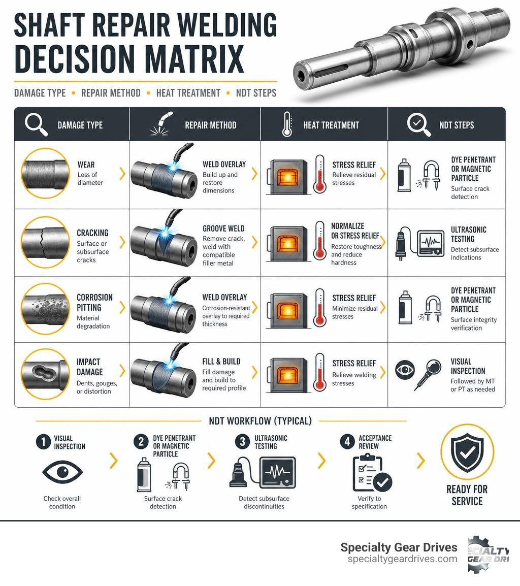Shaft repair welding decision matrix: damage type, repair method, heat treatment, and NDT steps infographic Shaft repair welding decision matrix: damage type, repair method, heat treatment, and NDT steps infographic