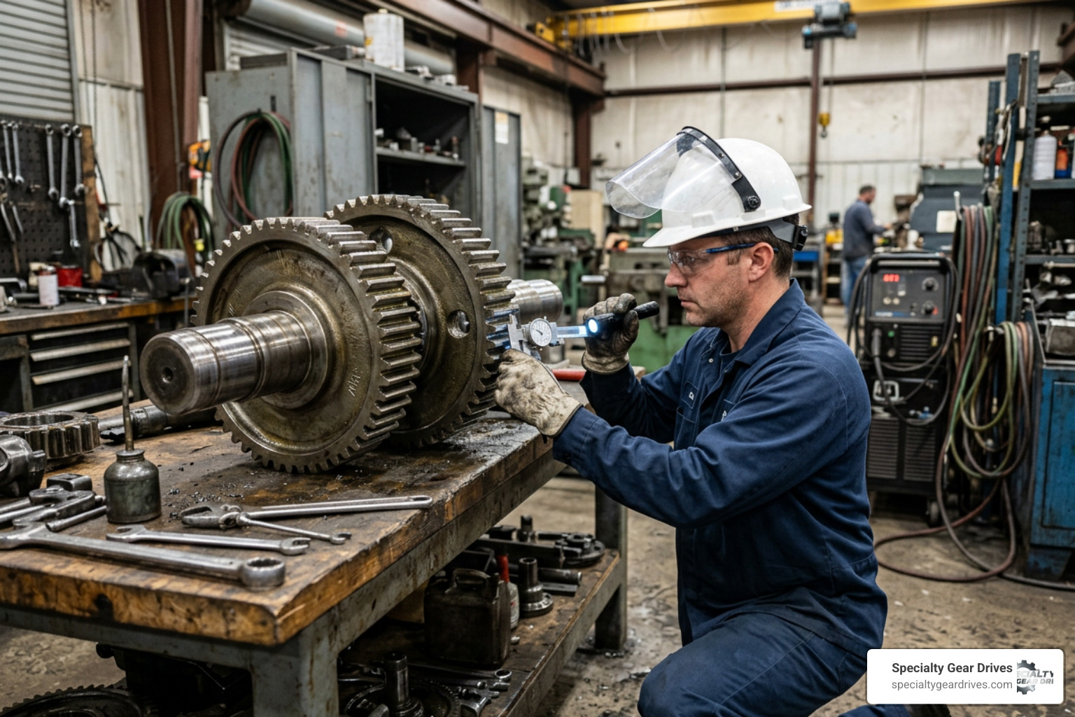 Industrial technician inspecting heavy-duty spur gears in a local repair facility Industrial technician inspecting heavy-duty spur gears in a local repair facility
