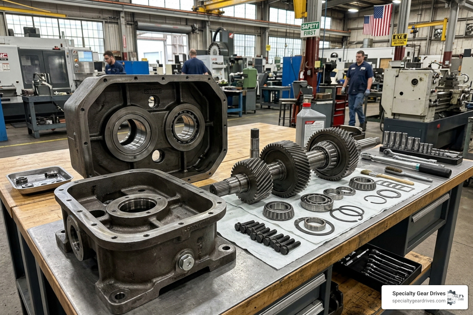 Disassembled industrial gearbox housing and helical gears on a clean workbench Disassembled industrial gearbox housing and helical gears on a clean workbench