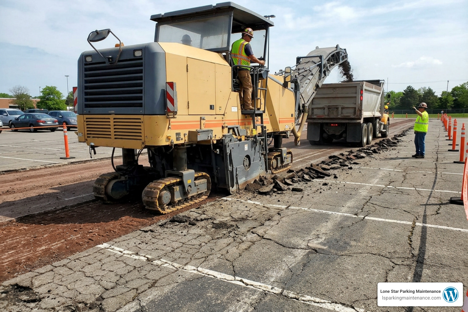 heavy asphalt milling machine stripping away damaged top layer of parking lot pavement
