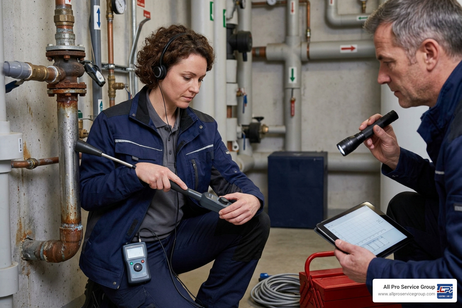 Professional plumber using acoustic listening equipment to locate an underground leak Professional plumber using acoustic listening equipment to locate an underground leak
