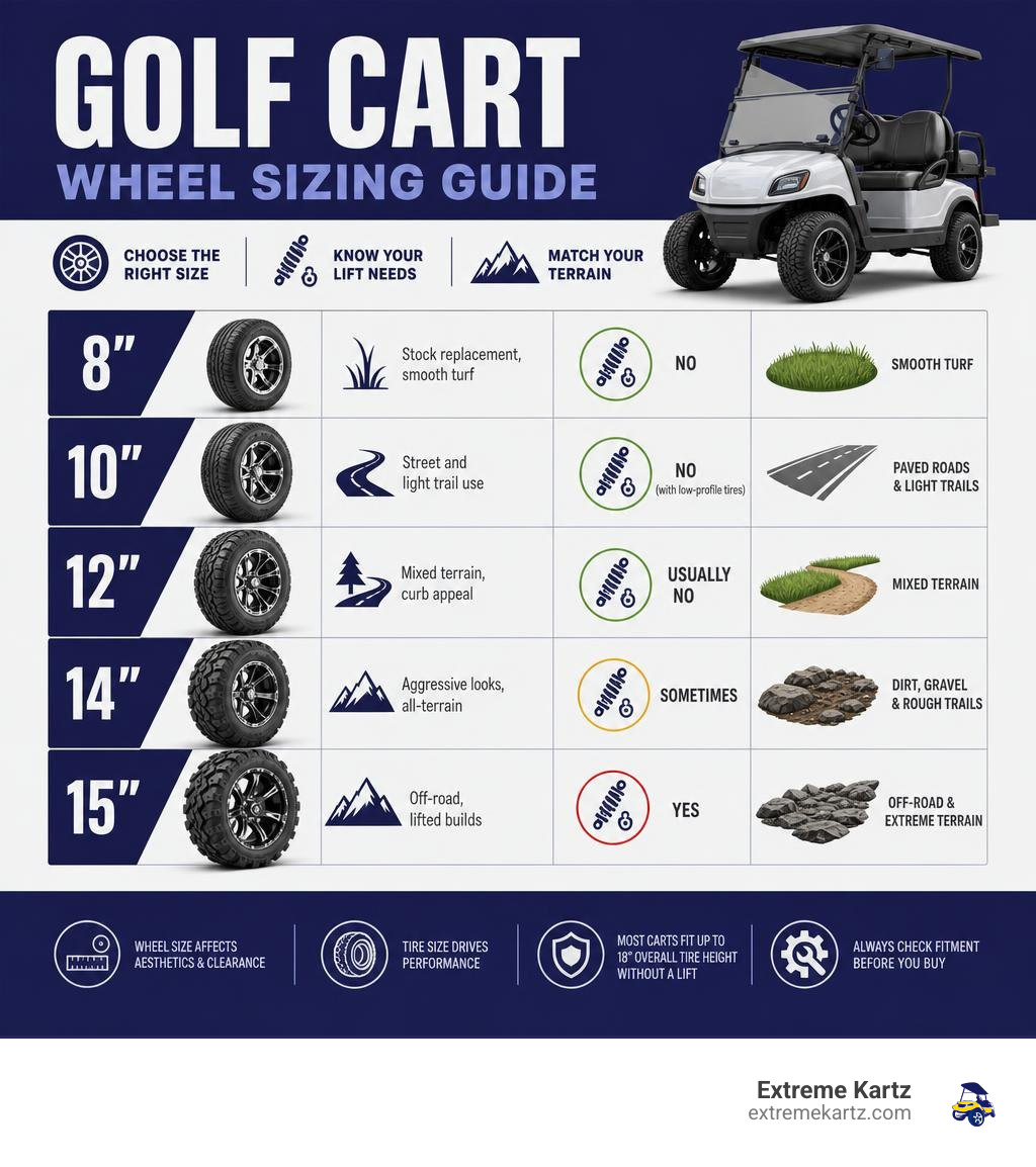 Golf cart wheel sizing guide infographic showing sizes, lift requirements, and terrain use cases infographic Golf cart wheel sizing guide infographic showing sizes, lift requirements, and terrain use cases infographic