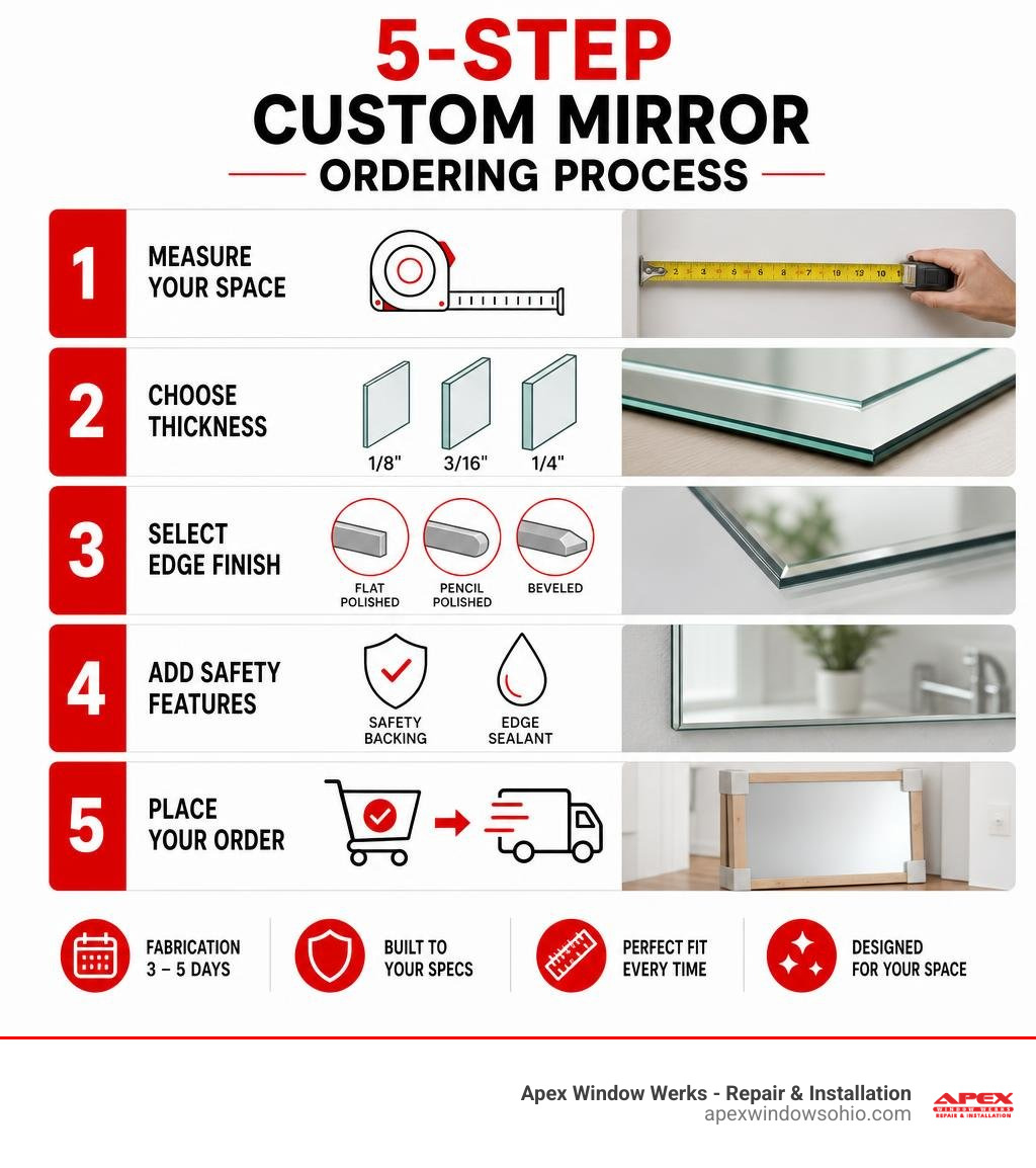 Infographic showing the 5-step custom mirror ordering process from measuring to delivery infographic