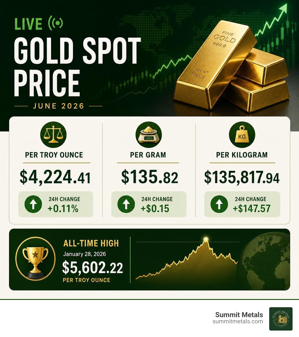 Infographic showing live gold spot price per ounce, gram, and kilo with 24H changes and all-time high reference in June 2026