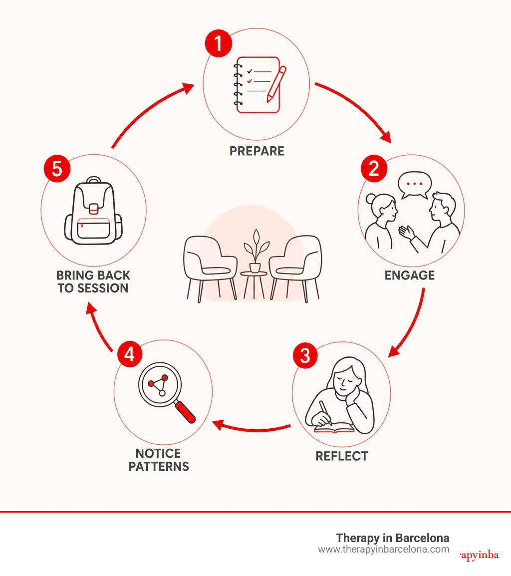 therapy continuity loop: prepare, engage, reflect, notice patterns, bring back to session infographic