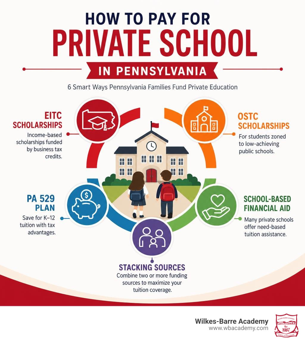 Infographic showing Pennsylvania private school funding sources including EITC, OSTC, PA 529, and school aid infographic Infographic showing Pennsylvania private school funding sources including EITC, OSTC, PA 529, and school aid infographic
