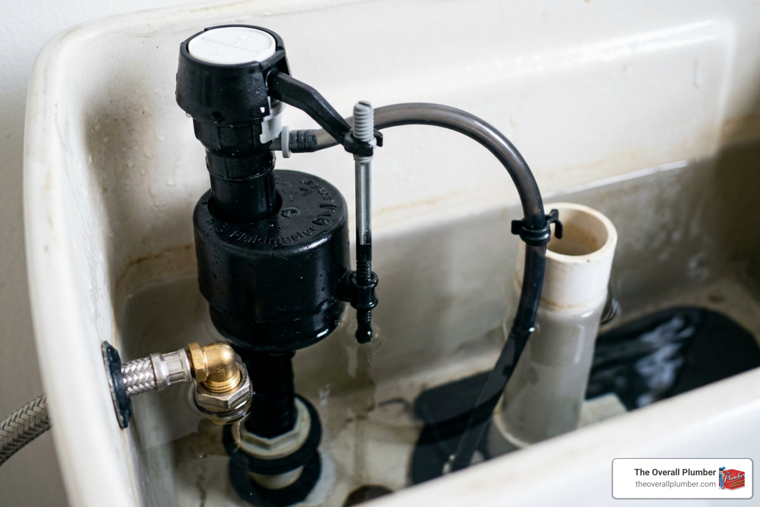 Toilet fill valve mechanism inside a standard tank Toilet fill valve mechanism inside a standard tank