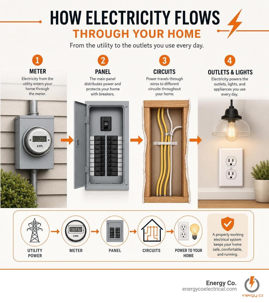 infographic showing basic home electricity flow from meter to panel to circuits to outlets infographic infographic showing basic home electricity flow from meter to panel to circuits to outlets infographic