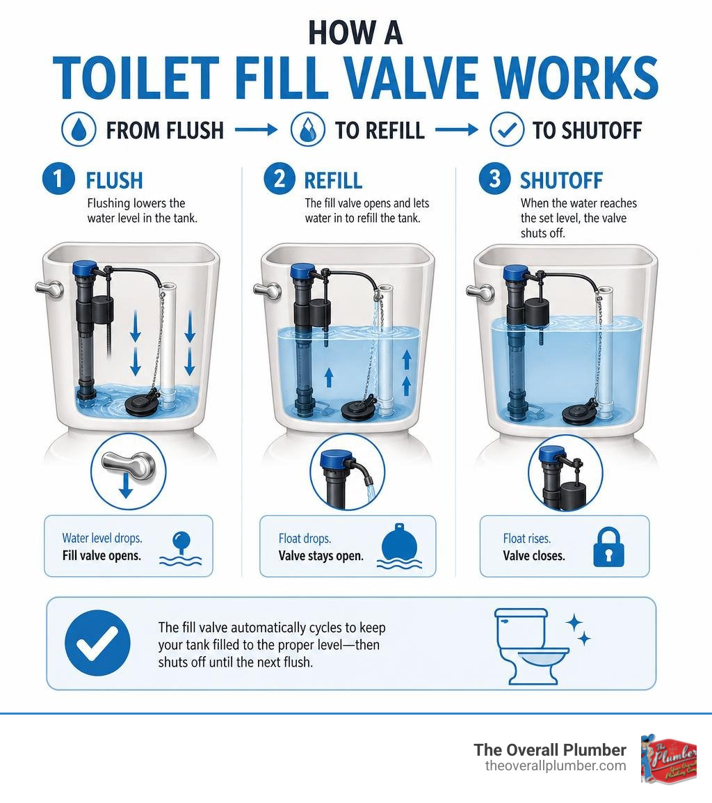 How a toilet fill valve works — steps from flush to refill to shutoff infographic How a toilet fill valve works — steps from flush to refill to shutoff infographic