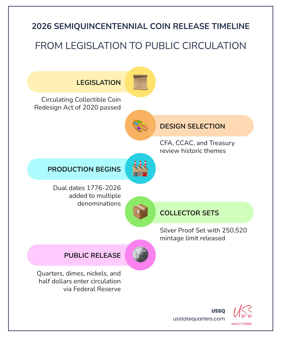 2026 Semiquincentennial coin release timeline infographic showing quarters dime half dollar and collector sets infographic 2026 Semiquincentennial coin release timeline infographic showing quarters dime half dollar and collector sets infographic