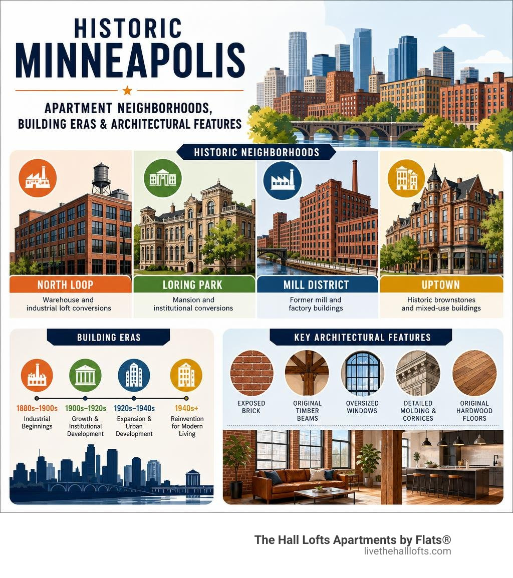 Infographic showing Minneapolis historic apartment neighborhoods, building eras, and key architectural features infographic Infographic showing Minneapolis historic apartment neighborhoods, building eras, and key architectural features infographic