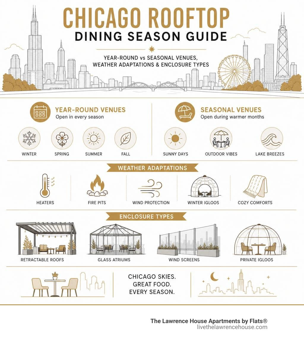 Chicago rooftop dining season guide: year-round vs seasonal venues, weather adaptations, and enclosure types infographic Chicago rooftop dining season guide: year-round vs seasonal venues, weather adaptations, and enclosure types infographic