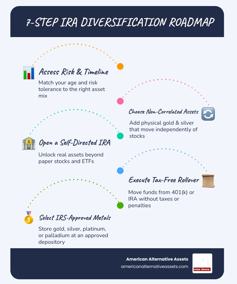 Infographic showing 7 steps to diversify an IRA including SDIRA setup, rollover, and physical metals selection infographic