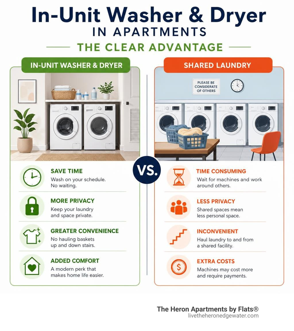 infographic showing benefits of in-unit washer and dryer in apartments vs shared laundry infographic