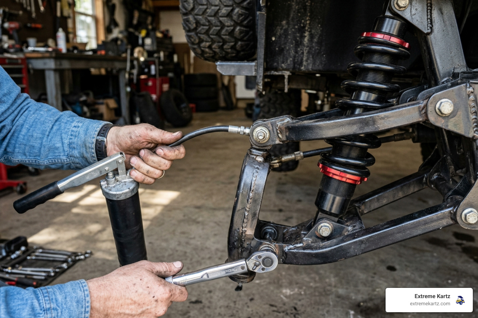 Lifted suspension maintenance showing grease points and hardware checks