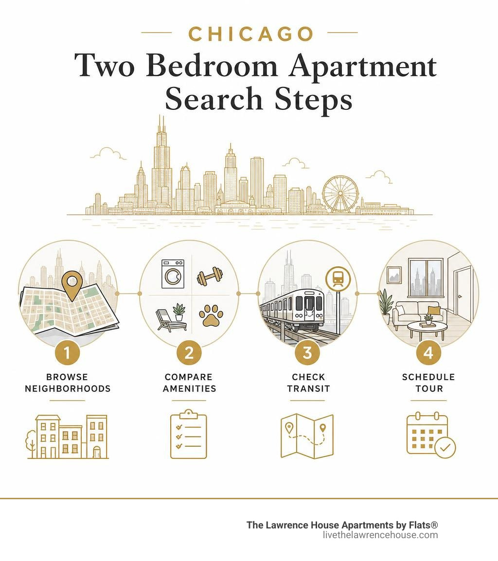 Infographic showing Chicago two bedroom apartment search steps: browse neighborhoods, compare amenities, check transit Infographic showing Chicago two bedroom apartment search steps: browse neighborhoods, compare amenities, check transit