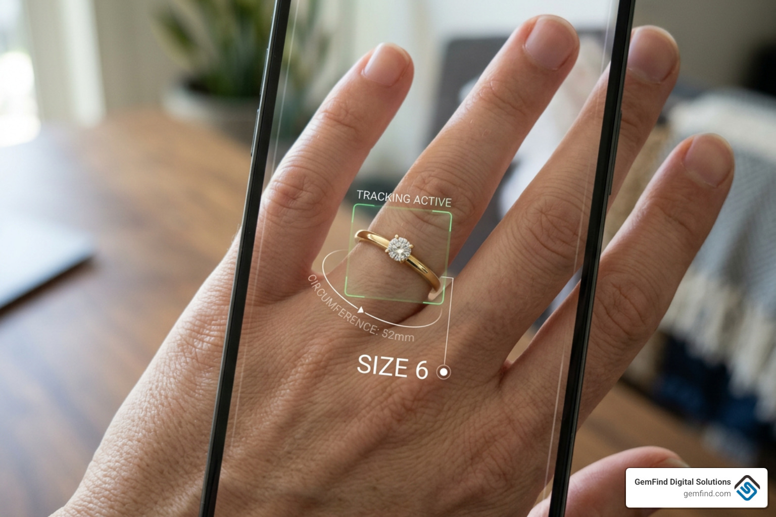 Virtual try-on interface showing ring sizing on a hand