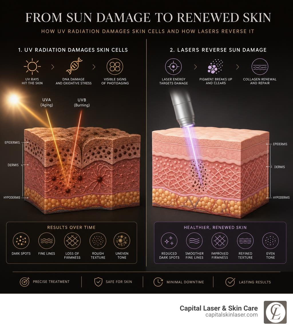 How UV radiation damages skin cells and how lasers reverse sun damage infographic How UV radiation damages skin cells and how lasers reverse sun damage infographic