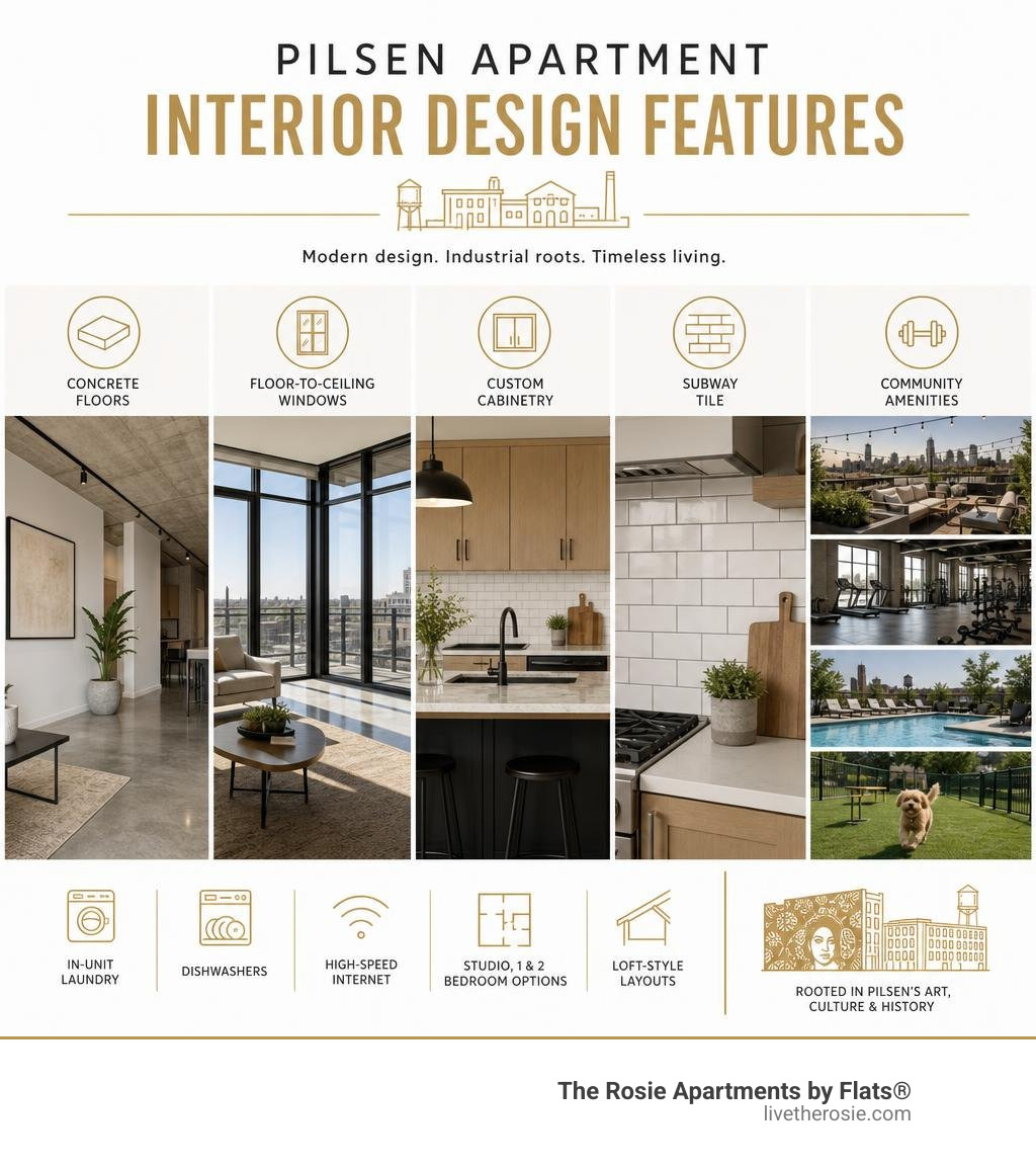 Infographic showing key Pilsen apartment interior design features including concrete floors, floor-to-ceiling windows