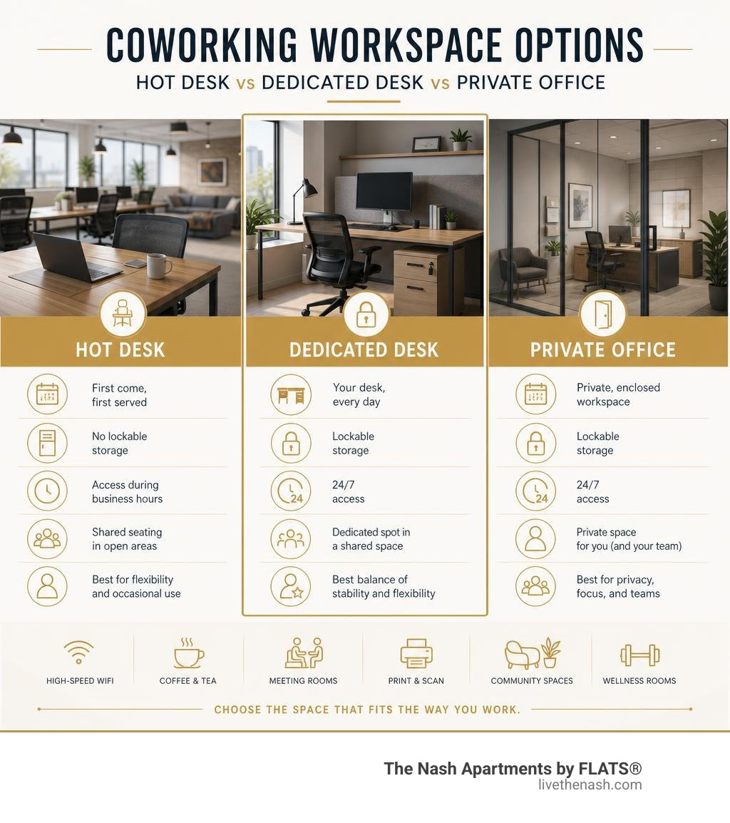Infographic comparing coworking workspace options: hot desk vs dedicated desk vs private office — key features and access Infographic comparing coworking workspace options: hot desk vs dedicated desk vs private office — key features and access