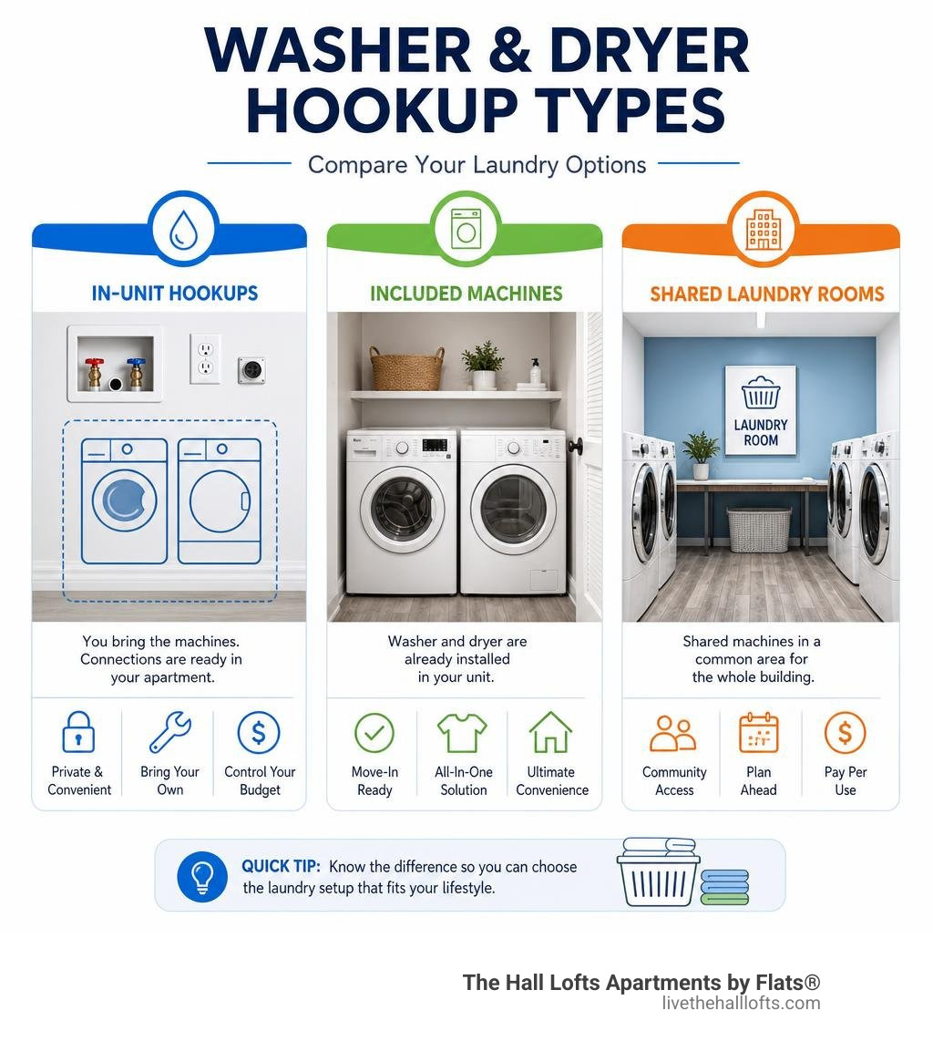 Infographic comparing washer dryer hookup types: in-unit hookups, included machines, shared laundry rooms infographic Infographic comparing washer dryer hookup types: in-unit hookups, included machines, shared laundry rooms infographic