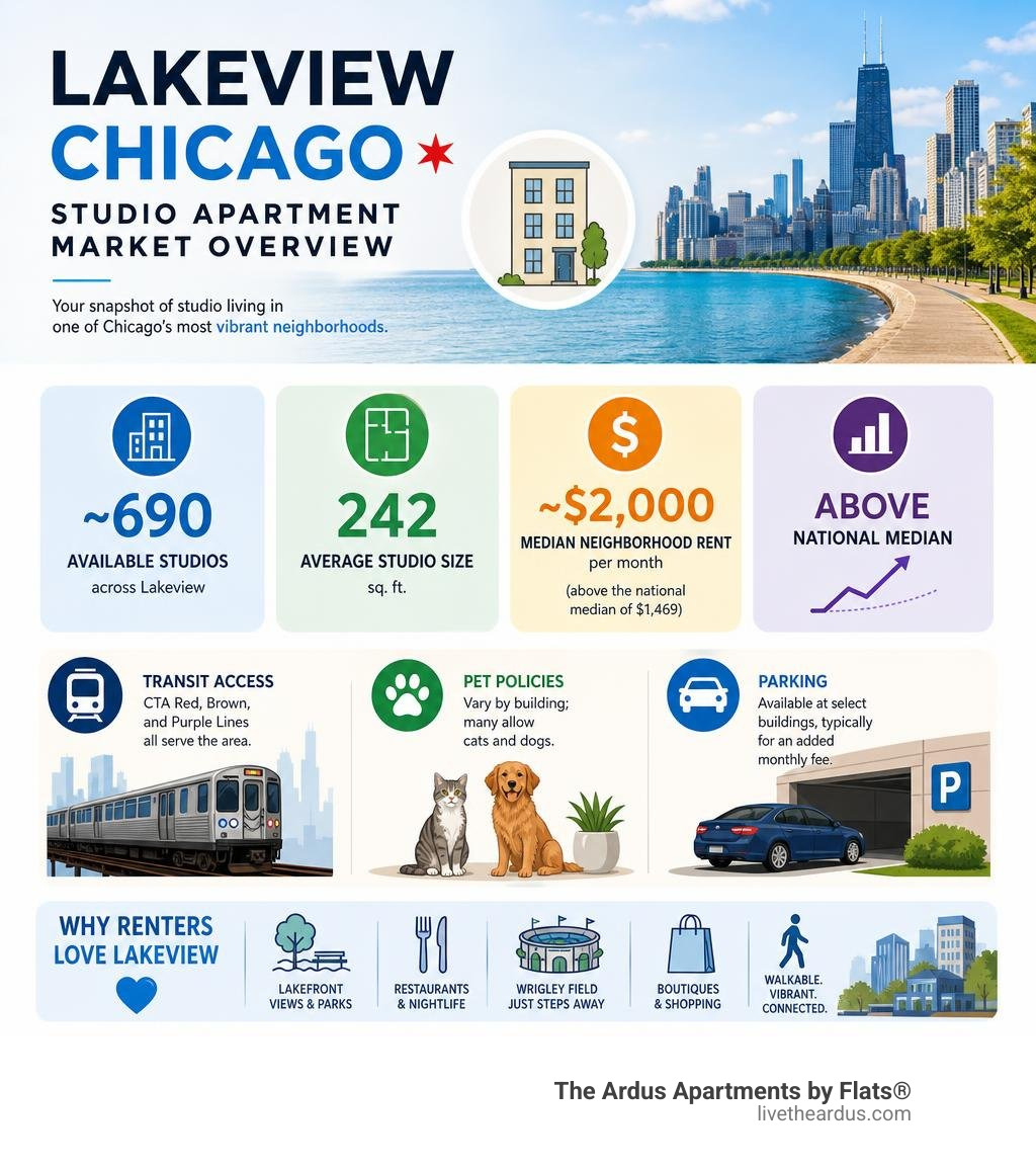 Lakeview Chicago studio apartment market overview infographic with rent stats, availability, transit, and amenities