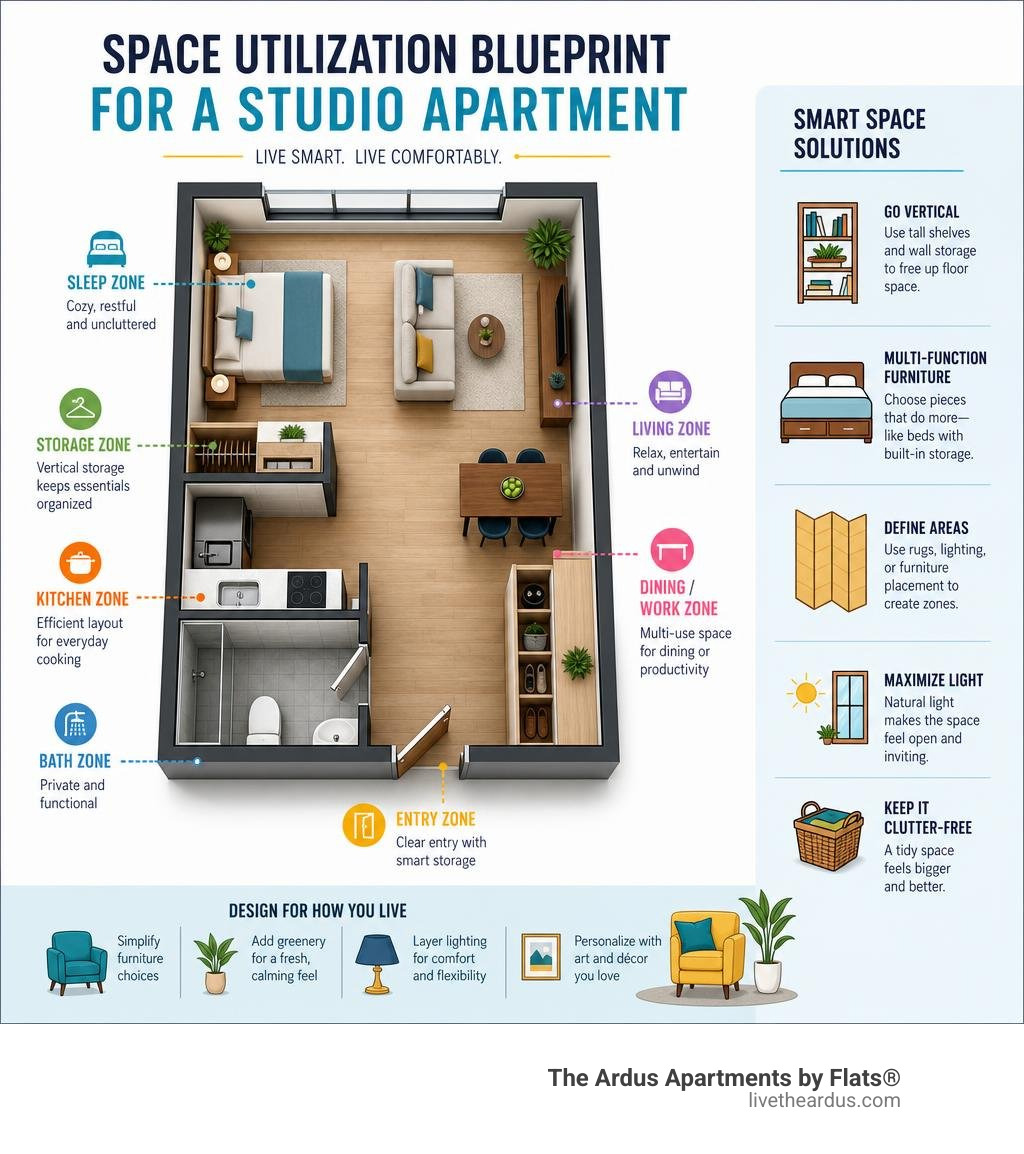Space utilization blueprint for a studio apartment infographic