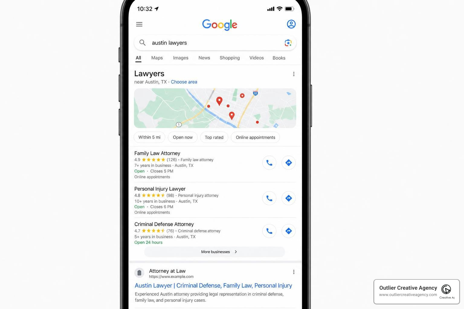 Mobile search results for Austin lawyers on Google Maps and organic listings