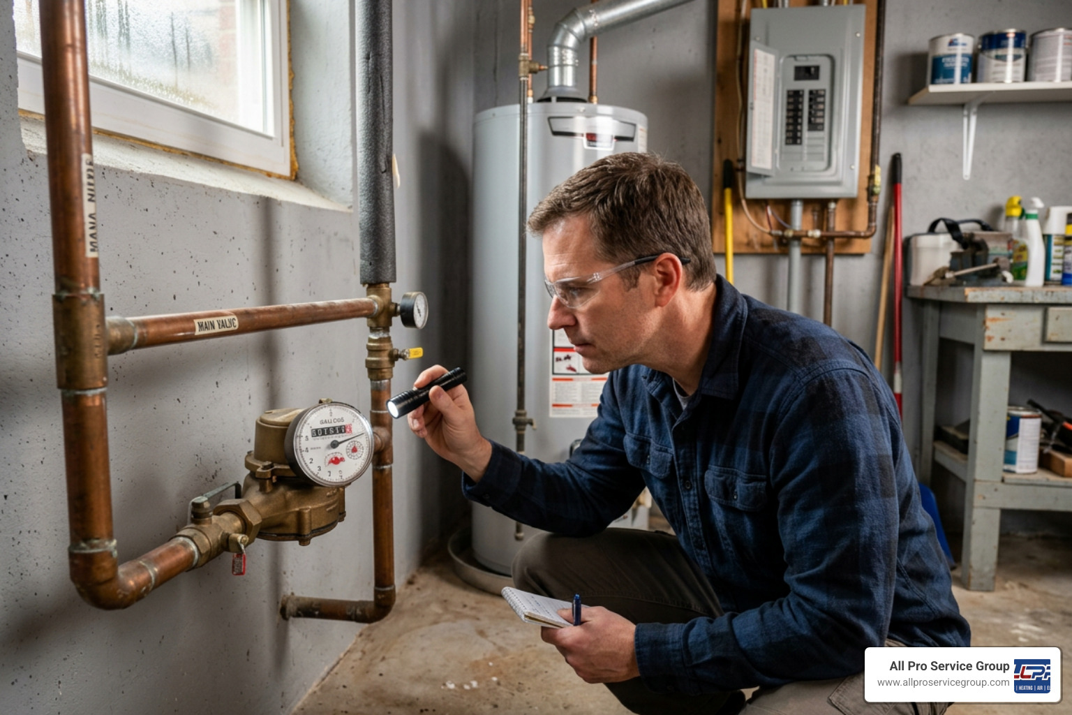 Homeowner inspecting their water meter in a basement utility room Homeowner inspecting their water meter in a basement utility room