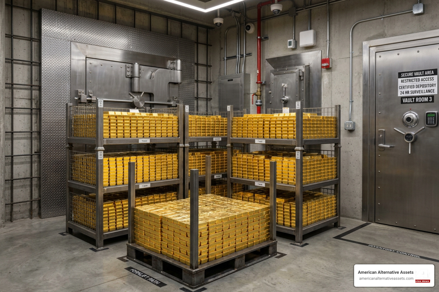 Physical gold bars secured in a certified depository vault