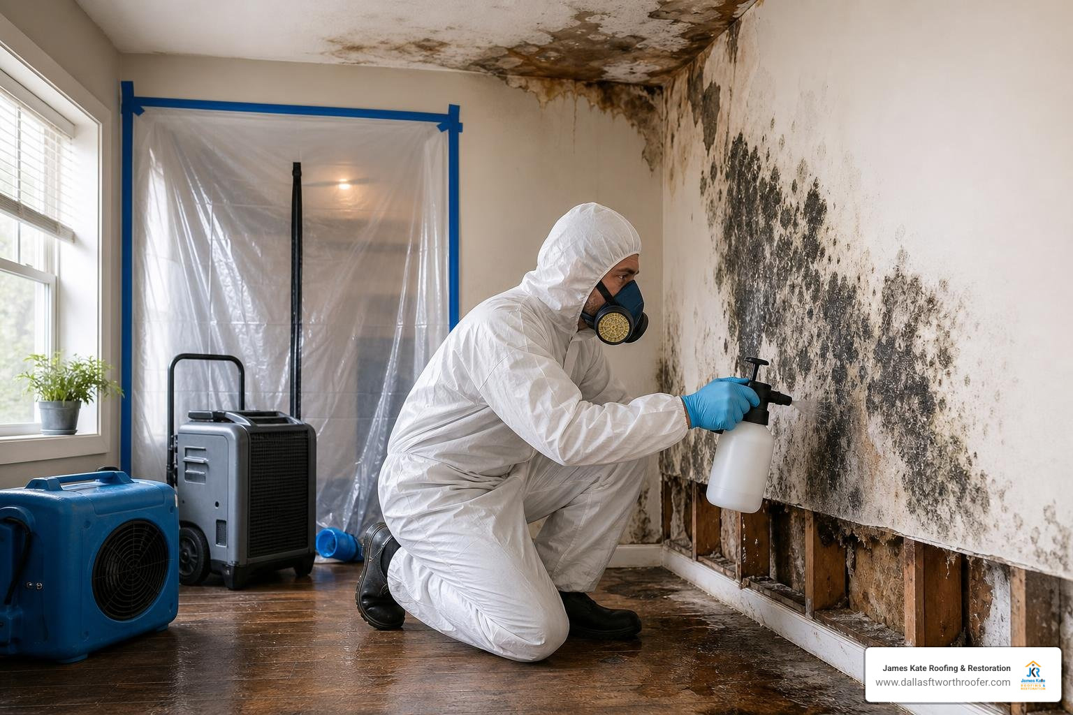 Homeowner setting up a heavy-duty plastic containment barrier before starting mold cleanup Homeowner setting up a heavy-duty plastic containment barrier before starting mold cleanup