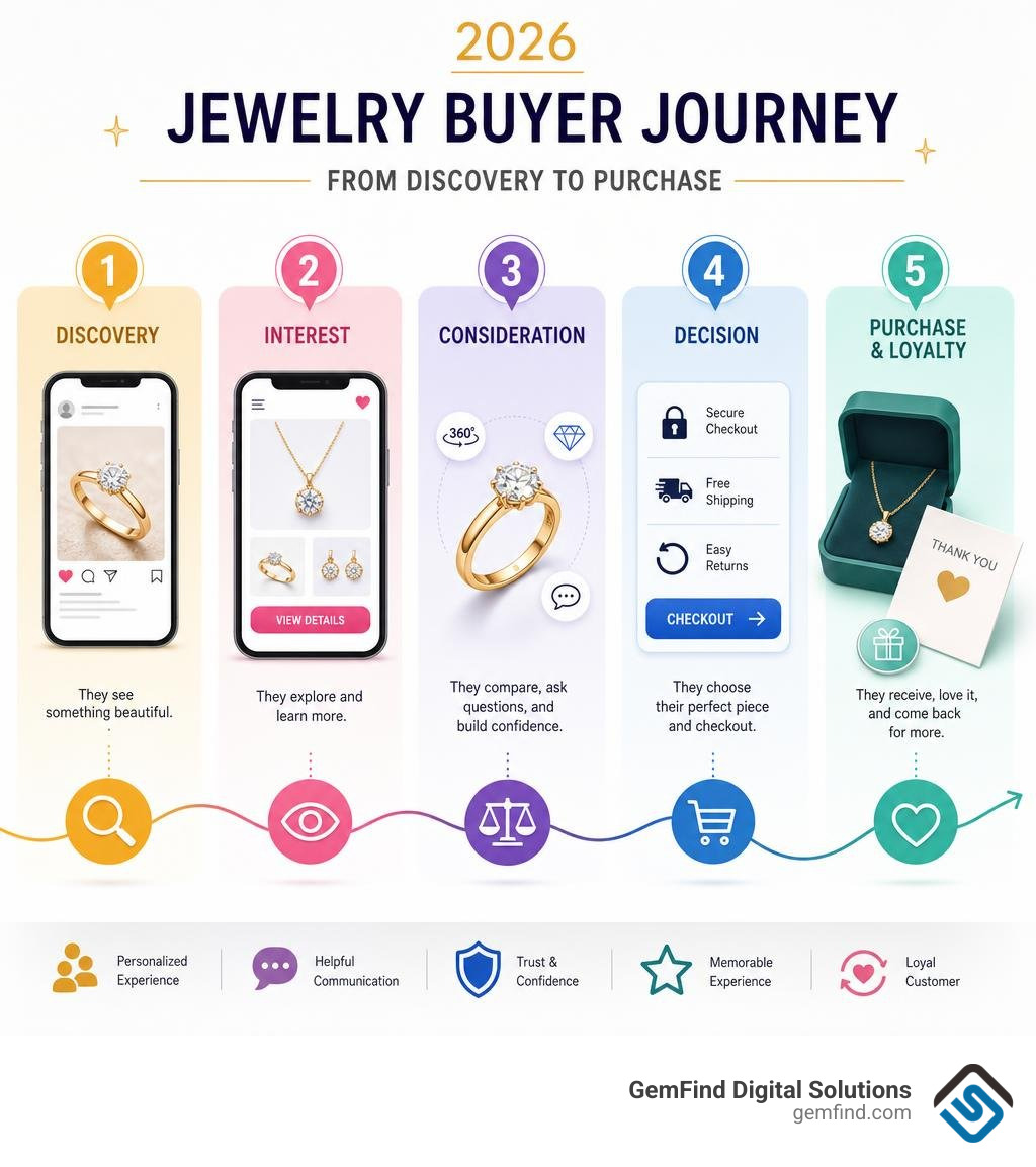 2026 jewelry buyer journey infographic showing discovery to purchase stages infographic
