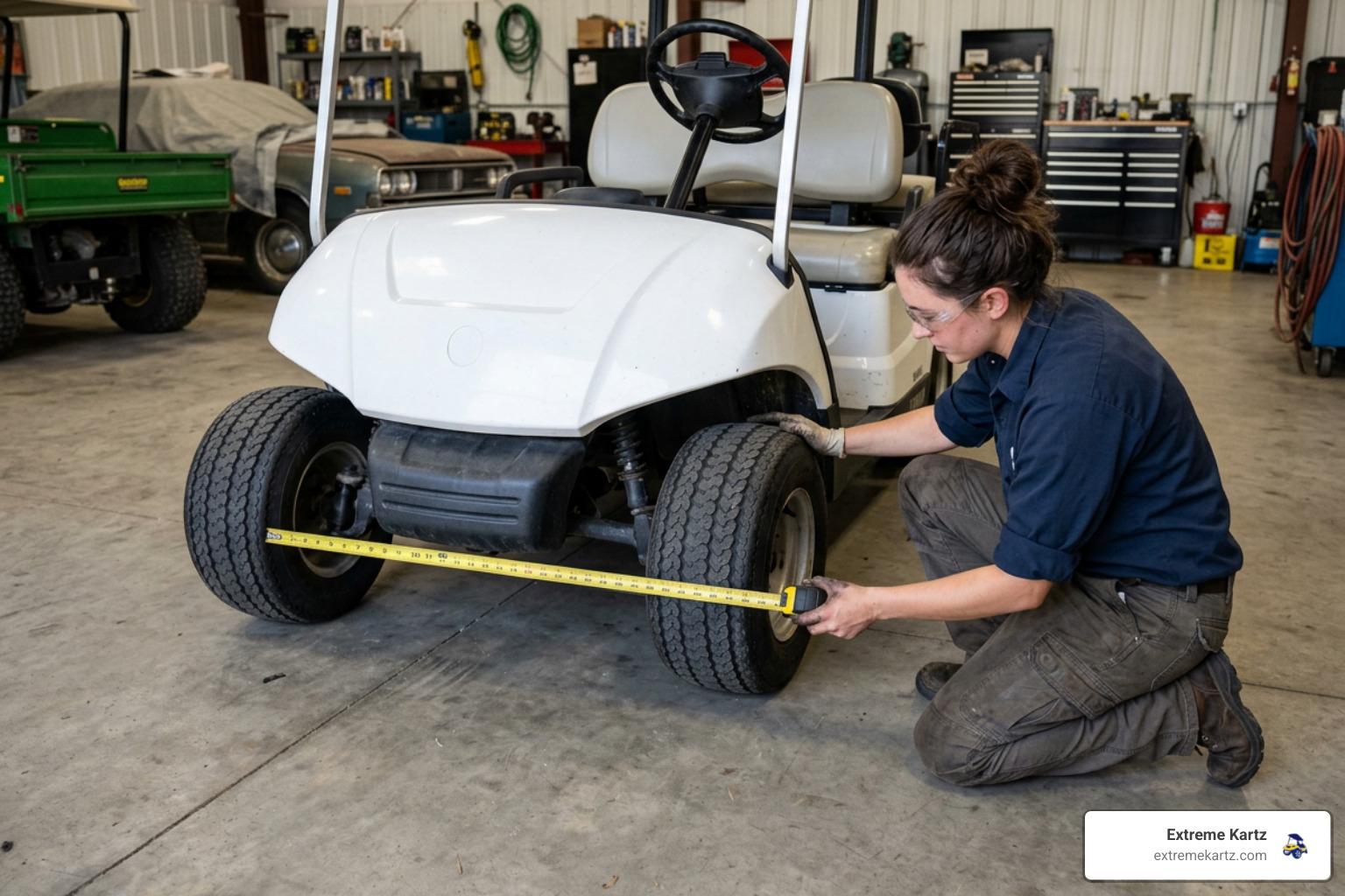 mechanic using a tape measure to check front wheel toe-in on a golf cart on a flat garage floor mechanic using a tape measure to check front wheel toe-in on a golf cart on a flat garage floor
