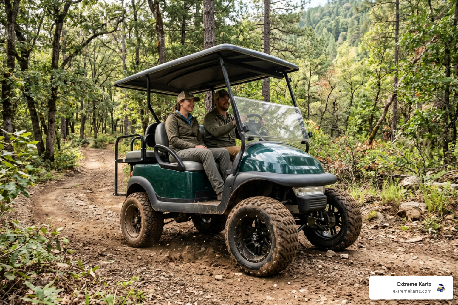 22x11-10 golf cart tires on a lifted cart on a dirt trail