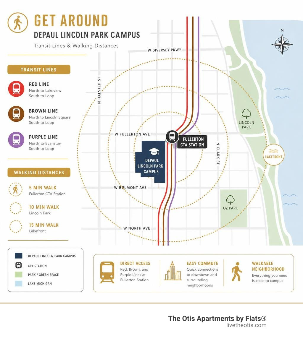 Map infographic highlighting key transit lines and walking distances around DePaul Lincoln Park campus infographic Map infographic highlighting key transit lines and walking distances around DePaul Lincoln Park campus infographic