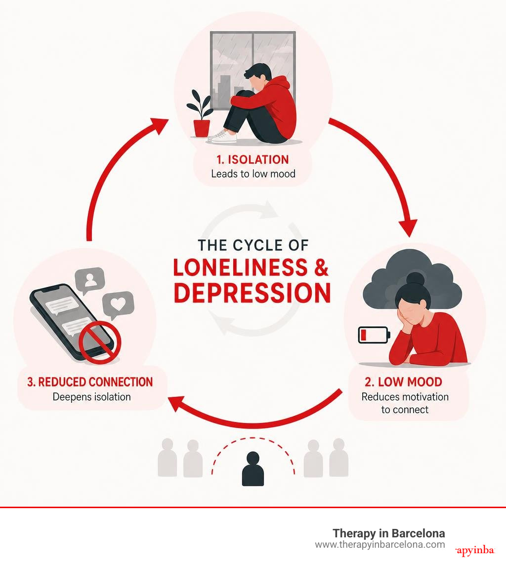 Infographic showing the cycle of loneliness and depression: isolation leads to low mood, low mood reduces motivation to Infographic showing the cycle of loneliness and depression: isolation leads to low mood, low mood reduces motivation to