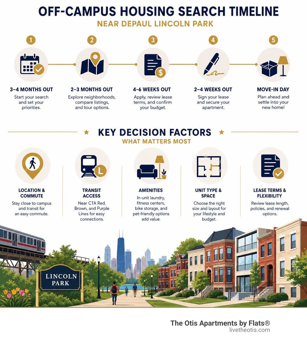 Infographic showing off-campus housing search timeline and key decision factors near DePaul Lincoln Park infographic Infographic showing off-campus housing search timeline and key decision factors near DePaul Lincoln Park infographic