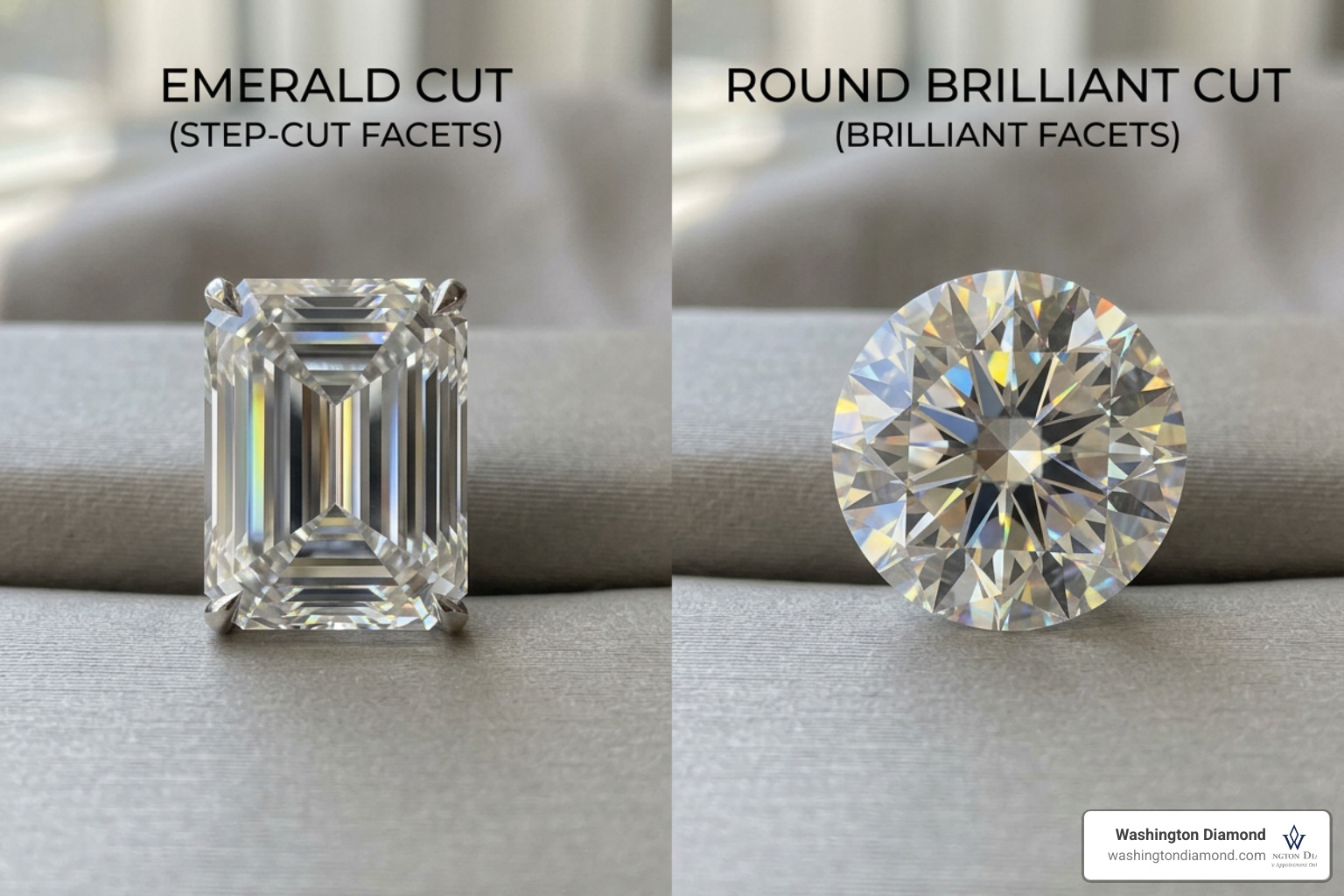 Visual comparison of step-cut vs brilliant-cut light reflection