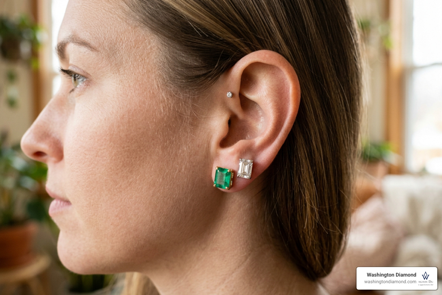 Yellow gold vs white gold emerald cut stud earrings on earlobes