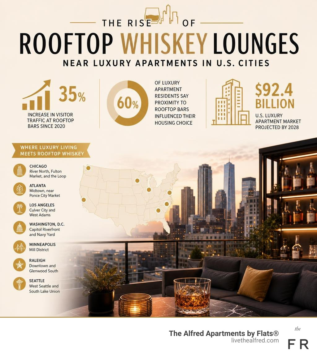 Infographic showing rise of rooftop whiskey lounges near luxury apartments in U.S. cities infographic